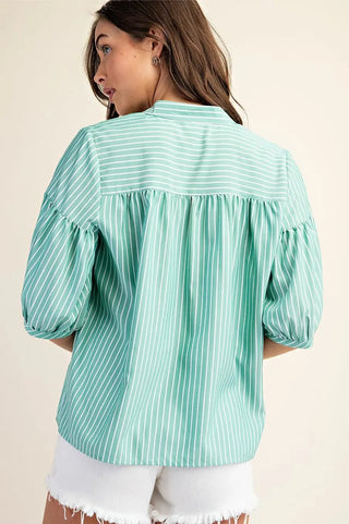 Curvy Green Striped Blouse with Quarter Length Bubble Sleeves Final Sale