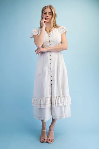 Frayed Edge Linen Button Down Midi Dress W/ Pockets Final Sale