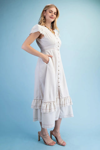 Frayed Edge Linen Button Down Midi Dress W/ Pockets Final Sale