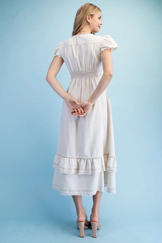 Frayed Edge Linen Button Down Midi Dress W/ Pockets Final Sale