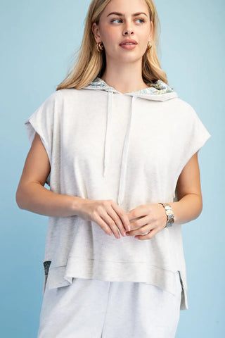 Silver Grey Knit Sleeveless Hoodie with Floral Fabric Lining Details