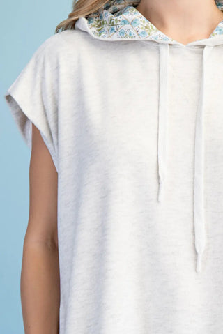 Silver Grey Knit Sleeveless Hoodie with Floral Fabric Lining Details