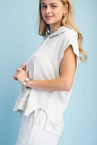Silver Grey Knit Sleeveless Hoodie with Floral Fabric Lining Details