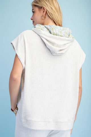 Silver Grey Knit Sleeveless Hoodie with Floral Fabric Lining Details