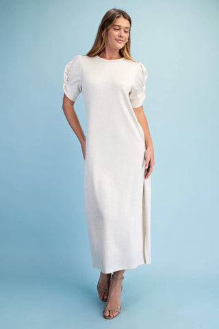 Cream Knit Round Neck Midi Dress with a Sleeve Twist Detail and Side Slits Final Sale