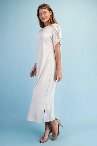 Cream Knit Round Neck Midi Dress with a Sleeve Twist Detail and Side Slits Final Sale