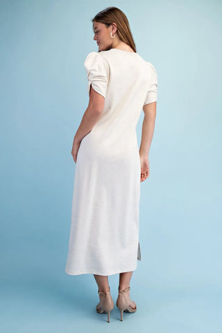 Cream Knit Round Neck Midi Dress with a Sleeve Twist Detail and Side Slits Final Sale