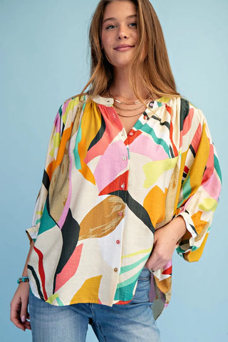 Bright Abstract Loose Fit Button Down Blouse with a Mandarin Collar