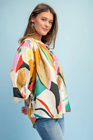 Bright Abstract Loose Fit Button Down Blouse with a Mandarin Collar