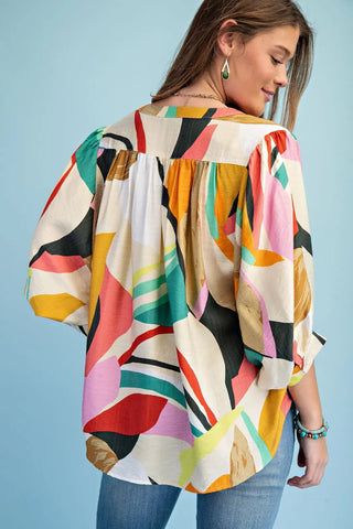 Bright Abstract Loose Fit Button Down Blouse with a Mandarin Collar