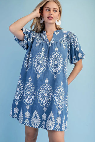 Indigo Mix Printed V-Neck Dress with Smocking Details and Short Puff Sleeves