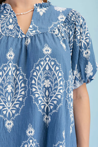 Indigo Mix Printed V-Neck Dress with Smocking Details and Short Puff Sleeves