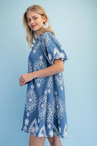 Indigo Mix Printed V-Neck Dress with Smocking Details and Short Puff Sleeves