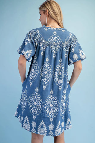 Indigo Mix Printed V-Neck Dress with Smocking Details and Short Puff Sleeves