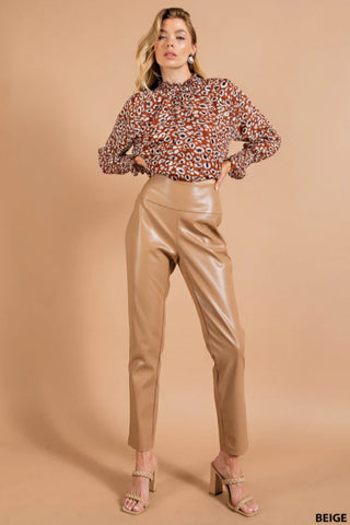 Beige High Waist Faux Leather Pants w/ Side Zipper Final Sale