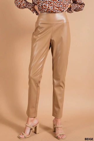 Beige High Waist Faux Leather Pants w/ Side Zipper Final Sale