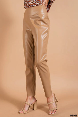 Beige High Waist Faux Leather Pants w/ Side Zipper Final Sale