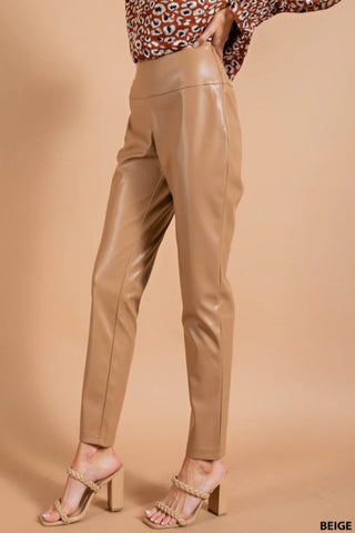 Beige High Waist Faux Leather Pants w/ Side Zipper Final Sale