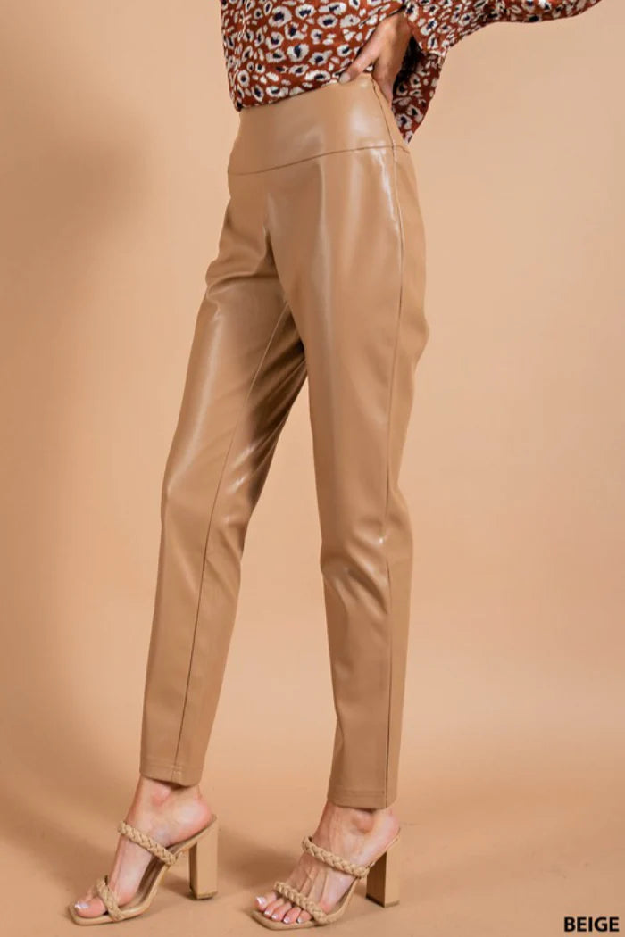 Beige High Waist Faux Leather Pants w/ Side Zipper