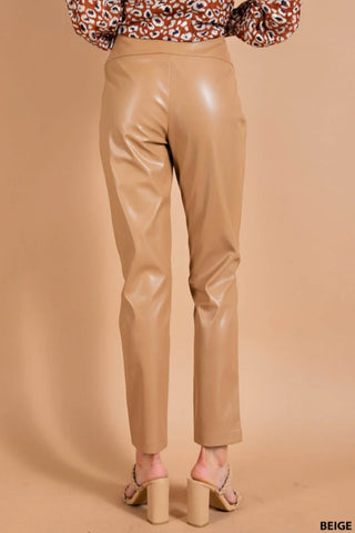 Beige High Waist Faux Leather Pants w/ Side Zipper Final Sale