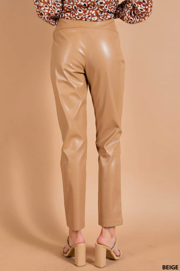 Beige High Waist Faux Leather Pants w/ Side Zipper