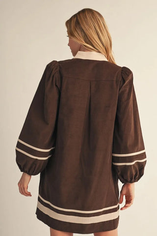 Puff Shoulder Corduroy Color Contrast Dress w/ Pockets