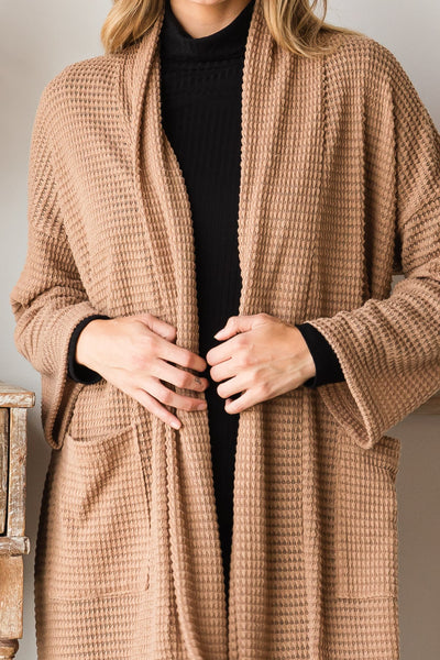 CURVY TAUPE OPEN FRONT WAFFLD CARDIGAN