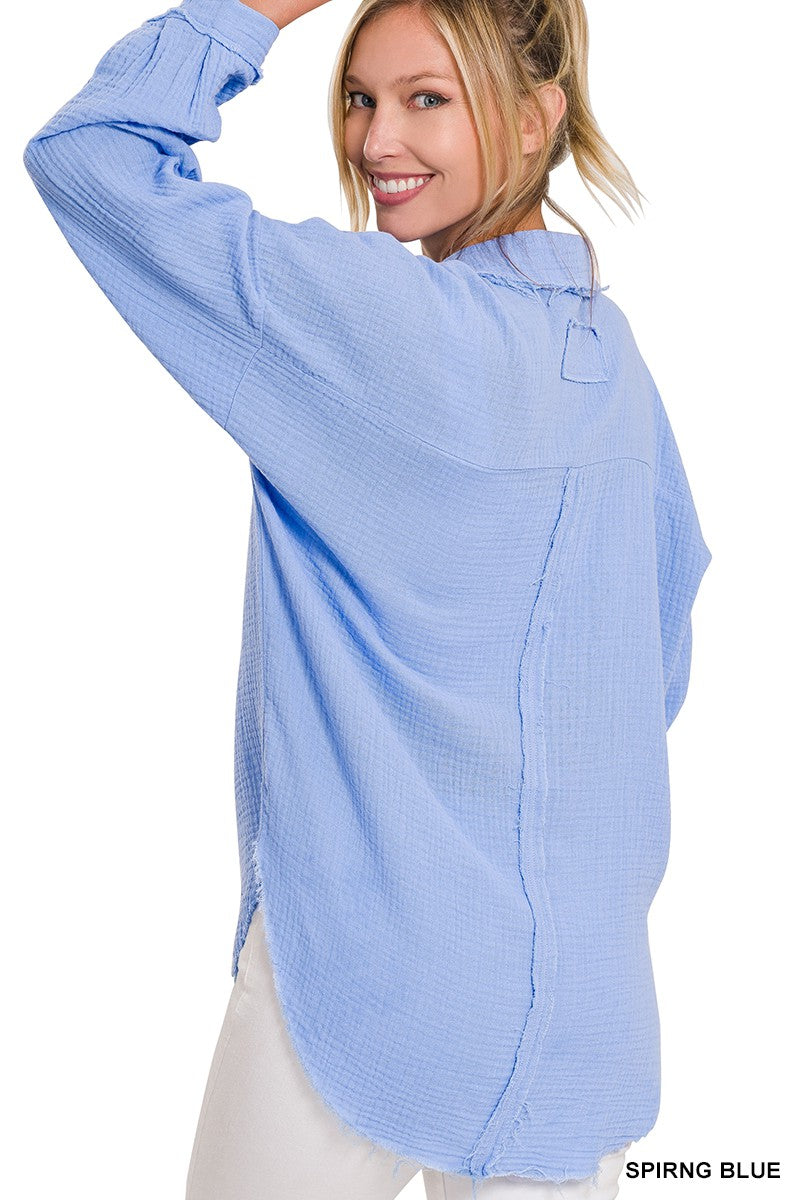 SPRING BLUE DOUBLE GAUZE OVERSIZED RAW EDGE SHIRT