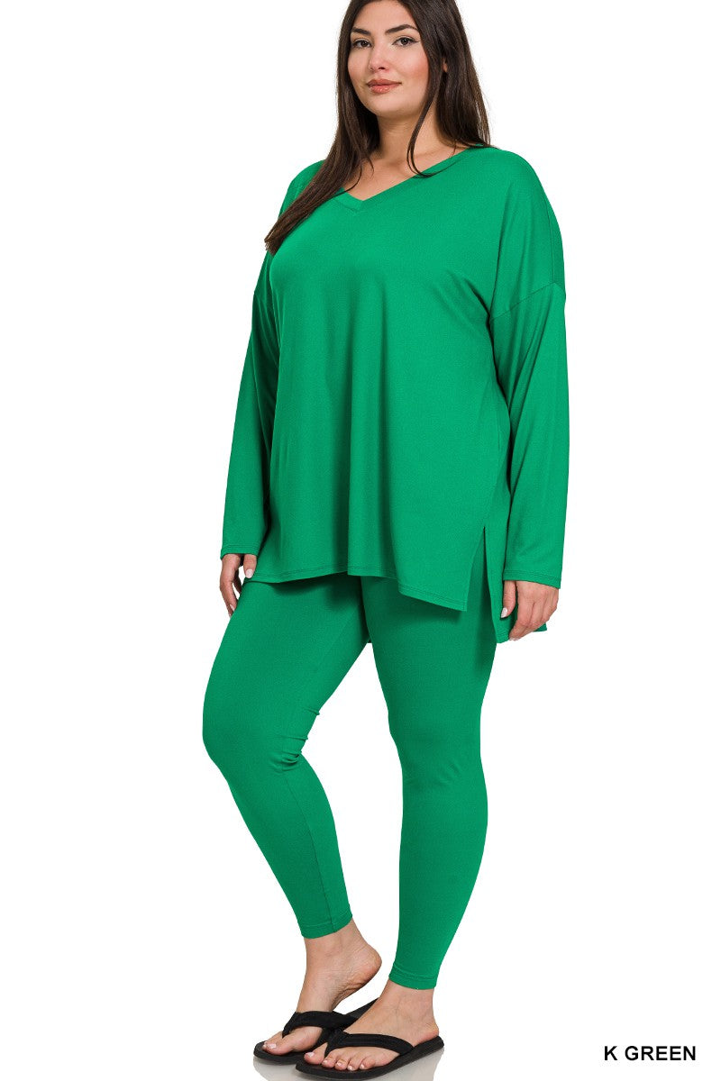 CURVY KELLY GREEN BRUSHED MICROFIBER LOUNGEWEAR SET