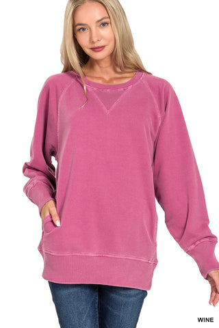 Wine Pigment Dyed French Terry Pullover w/ Pockets