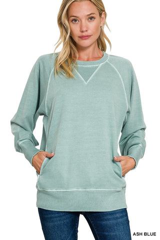 Ash Blue Pigment Dyed French Terry Pullover w/ Pockets