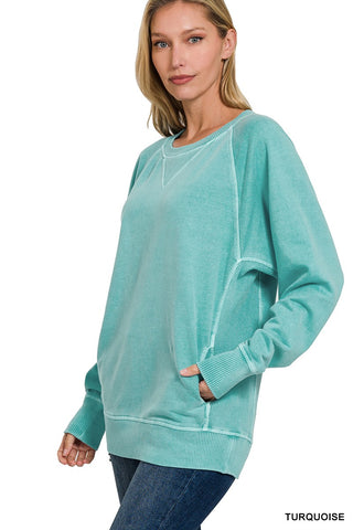 Turquoise Pigment Dyed French Terry Pullover w/ Pockets