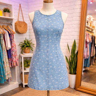 SC FLORAL WASHED DENIM PATTERN SLEEVELESS MINI DRESS