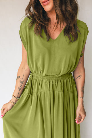 Solid Green V Neck Cap Sleeve Midi Dress w/ Drawstring Elastic Waist FINAL SALE