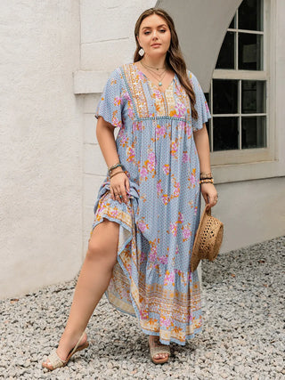 Curvy Light Blue Printed Tie Neck Flutter Sleeve Maxi Dress Final Sale