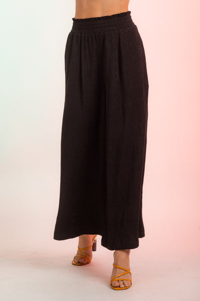 Black High-Waist Crinkled Wide Leg Pants with Pockets