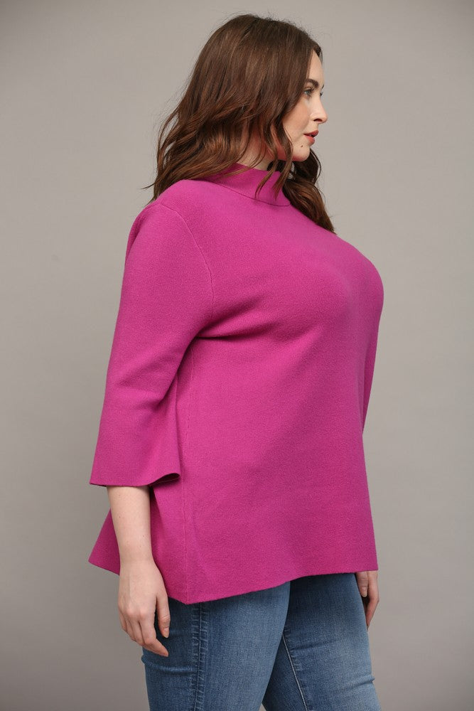 CURVY MAGENTA MOCK NECK PULL OVER BELL SLEEVE SWEATER