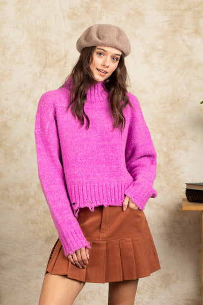 Pink Mock Neck Solid Cozy Sweater Top w/ Distressed Hem
