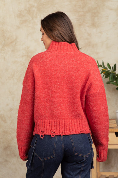 Red Mock Neck Solid Cozy Sweater Top w/ Distressed Hem