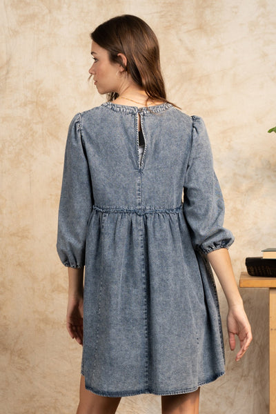 Curvy 3/4 Sleeve Denim Babydoll Washed Mini Dress