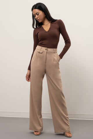 KHAKI WIDE LEG TROUSERS W/ POCKETS Final Sale