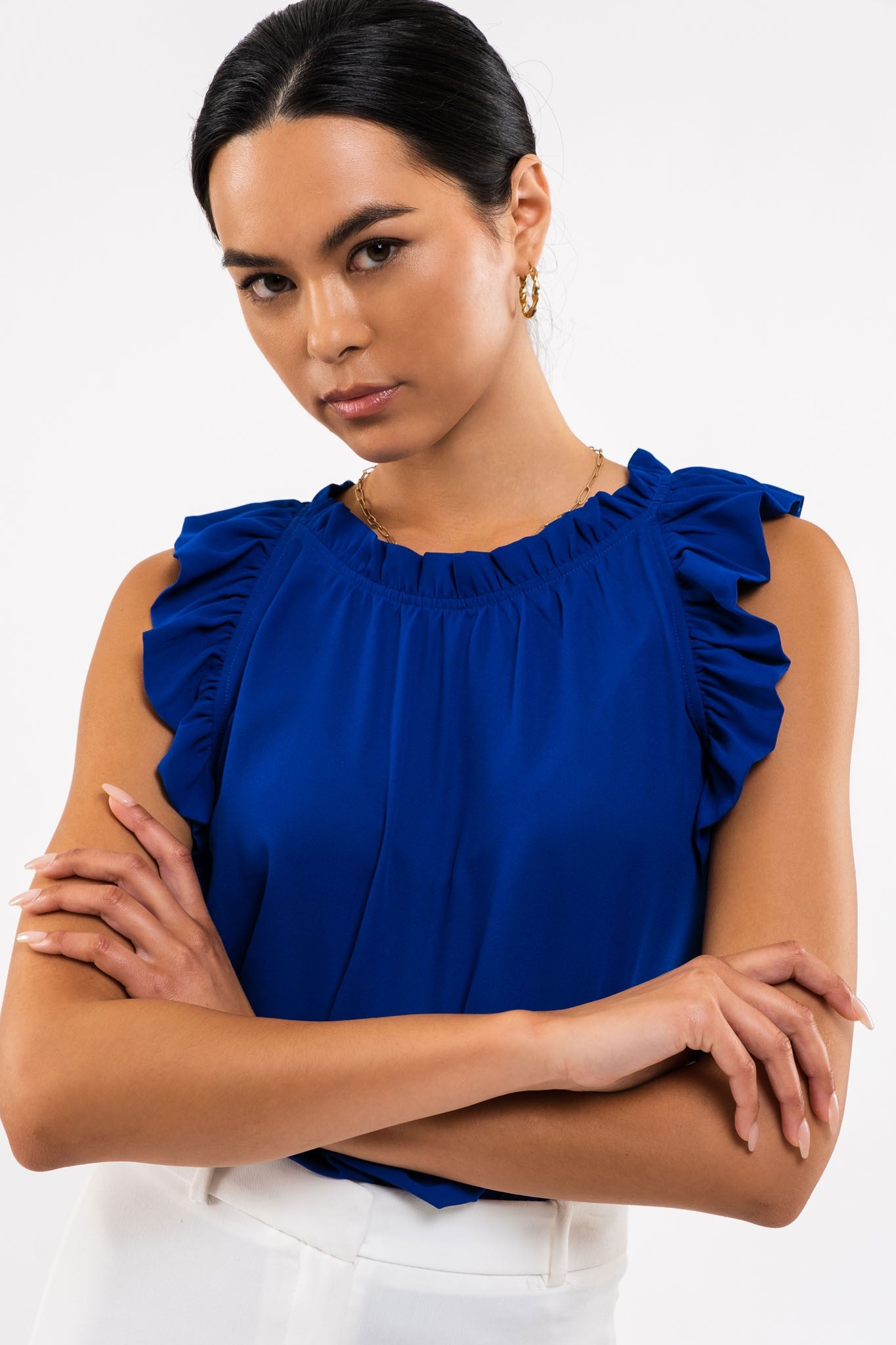 ROYAL BLUE FOLDED RUFFLE SLEEVELESS WOVEN TOP