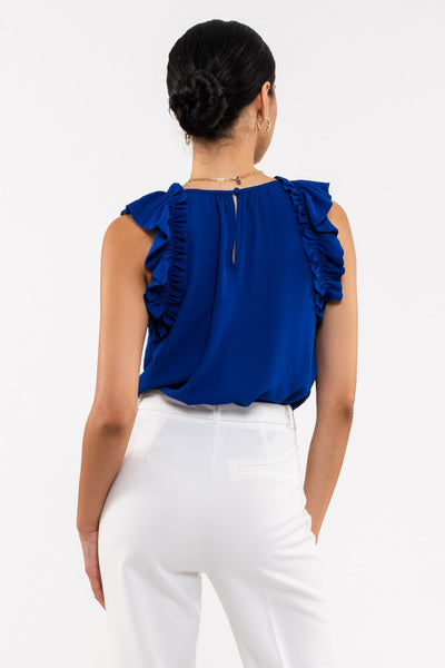 ROYAL BLUE FOLDED RUFFLE SLEEVELESS WOVEN TOP