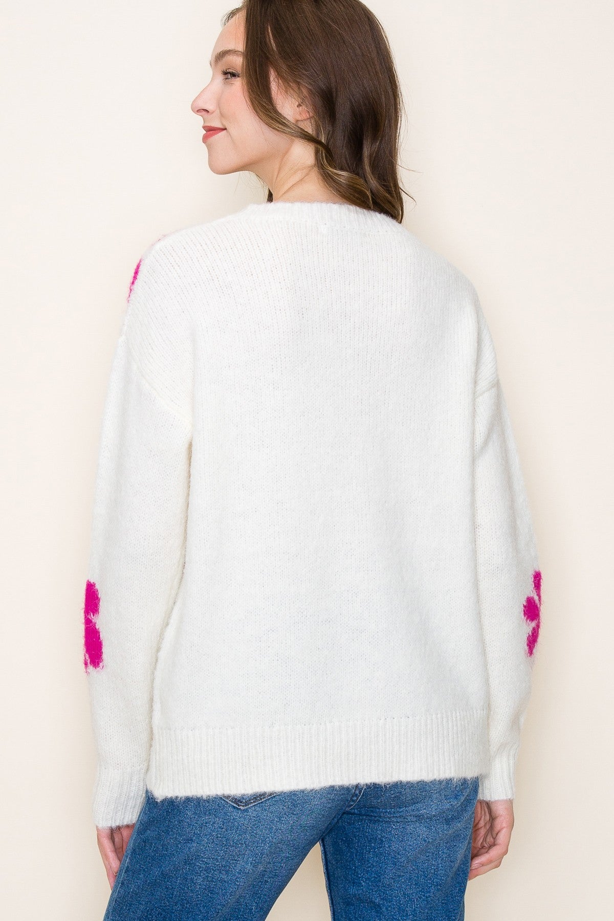 IVORY/FUSCHIA DAISY PATTERNED PULLOVER SWEATER