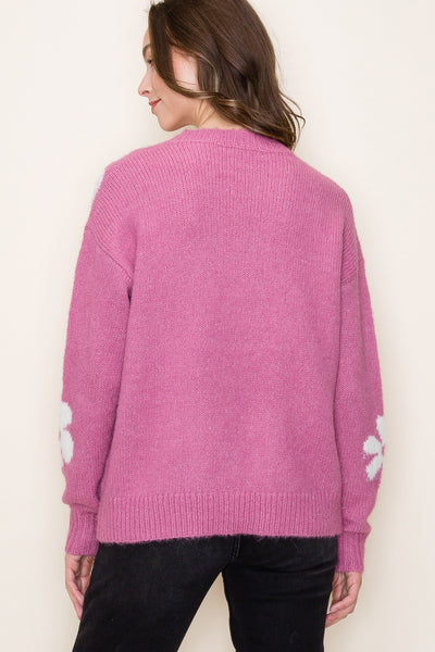 PINK/IVORY DAISY PATTERNED PULLOVER SWEATER Final Sale