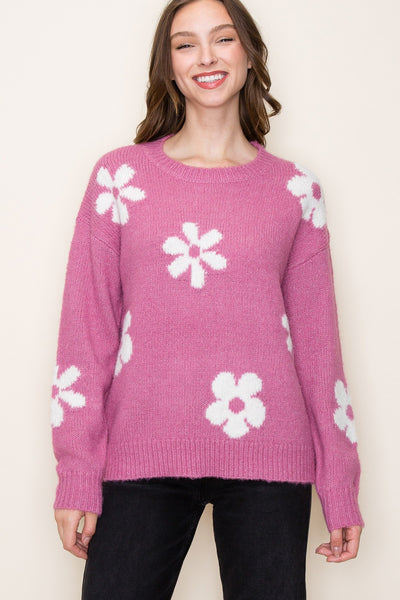 PINK/IVORY DAISY PATTERNED PULLOVER SWEATER Final Sale