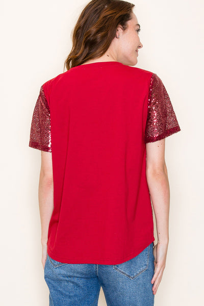 Burgundy Sequined "Merry" Short Sleeve Top