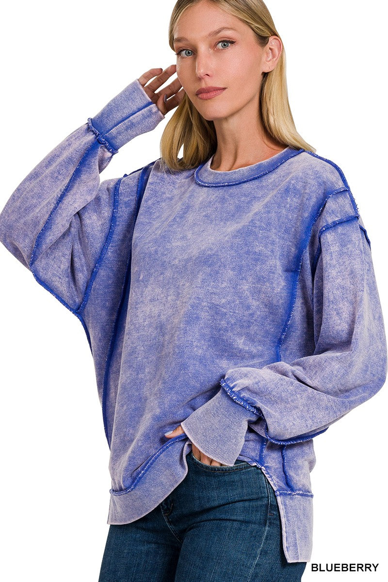 CURVY BLUEBERRY ACID WASH FRENCH TERRY EXPOSED-SEAM SWEATSHIRT