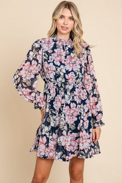 Navy Floral Chiffon Poet Sleeves Dress
