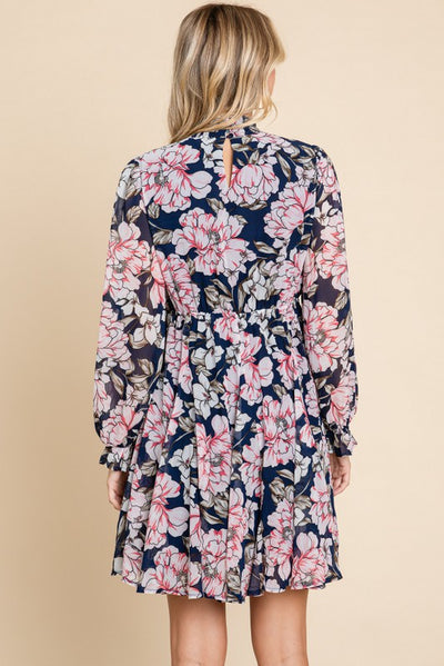 Navy Floral Chiffon Poet Sleeves Dress